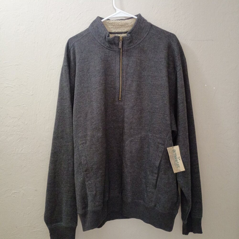Outdoor Life Gray Sherpa Lined Quarter Zip Pullover Mens XL Fleece Sweater NWT